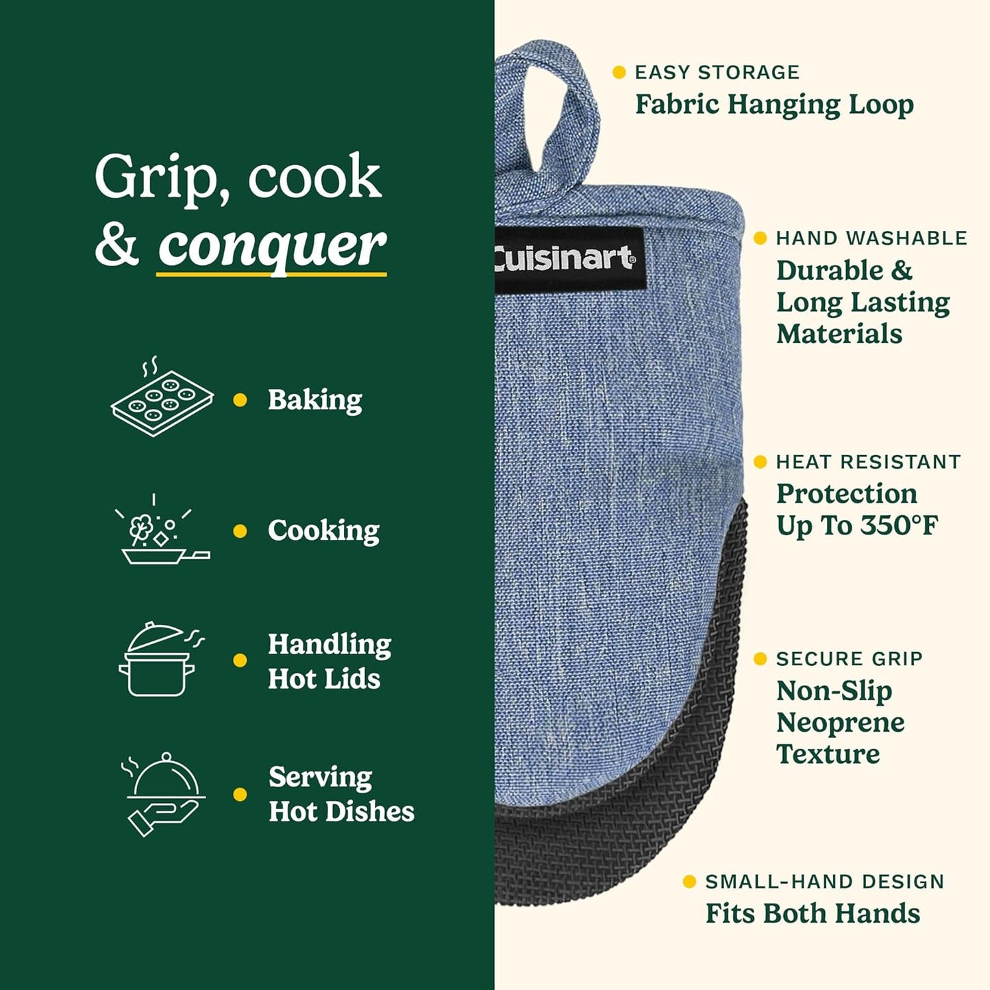 Cuisinart Mini Oven Mitts – 5.5” x 7” Heat-Resistant Kitchen Mitts for Oven with Non-Slip Neoprene Palm, Cotton Filling, and Fabric Loop – Durable Oven Mitt Set for Cooking & Baking (Indigo)