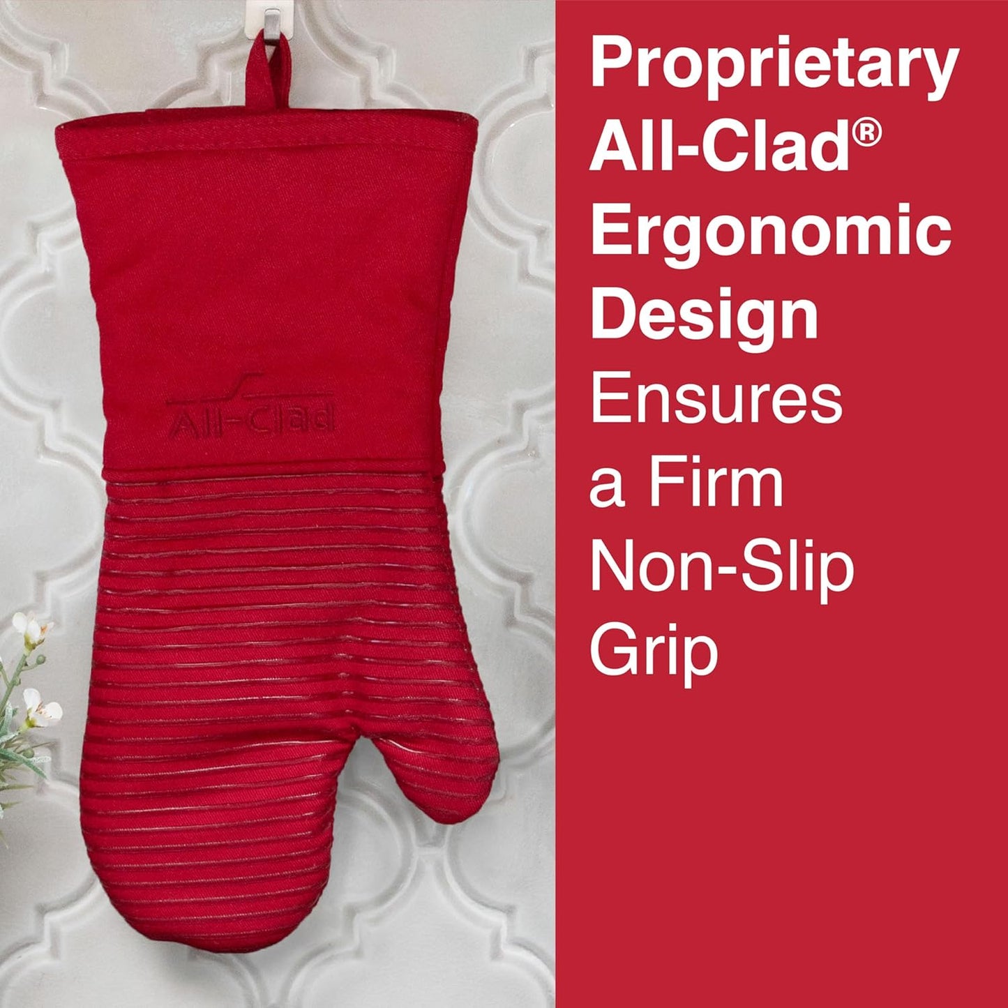 All Clad Silicone Oven Mitt: Heat Resistant up to 500 Degrees - 100% Cotton & Silicone, 14"x7" Oven Mitt for Kitchen and Barbeque, 1-Pack, Chili