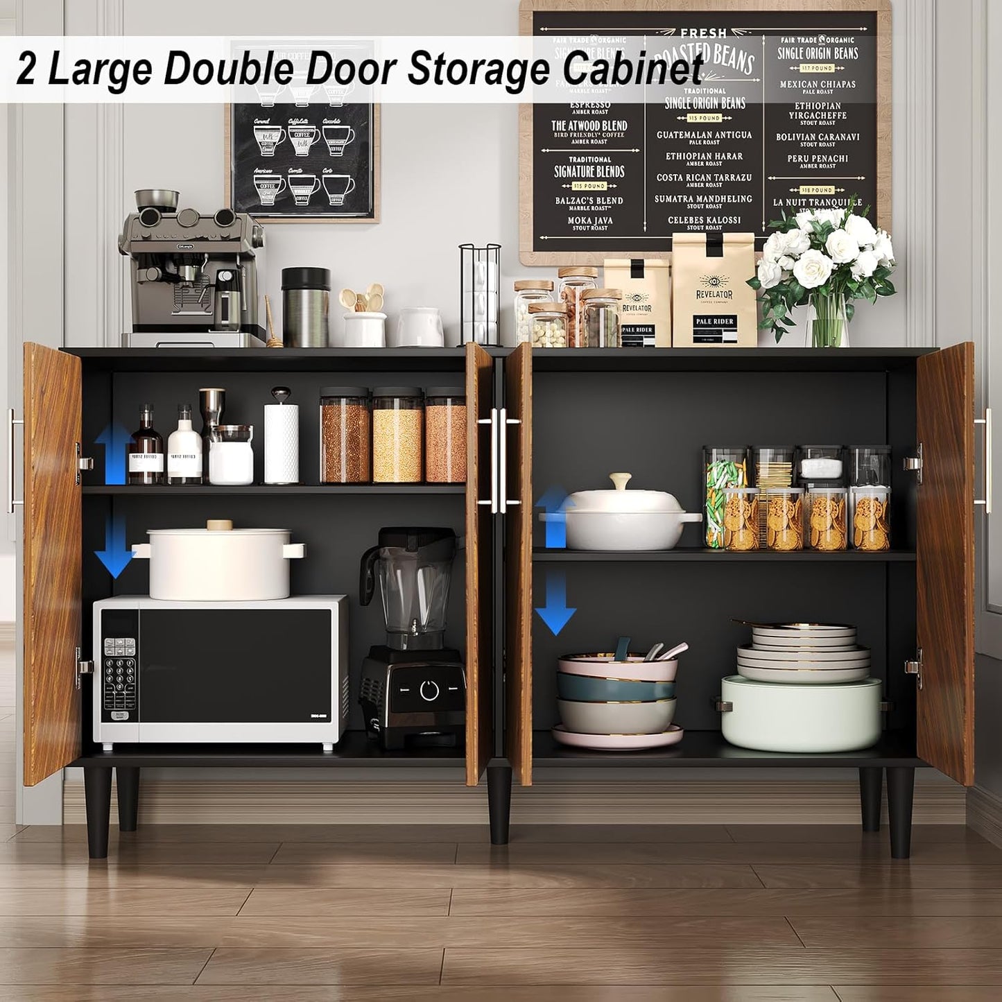 4 EVER WINNER 58" Coffee Bar Cabinet with Storage, Buffet Cabinet with 4 Large Doors, Storage Cabinet with Adjustable Shelves for Living Room, Kitchen, Black