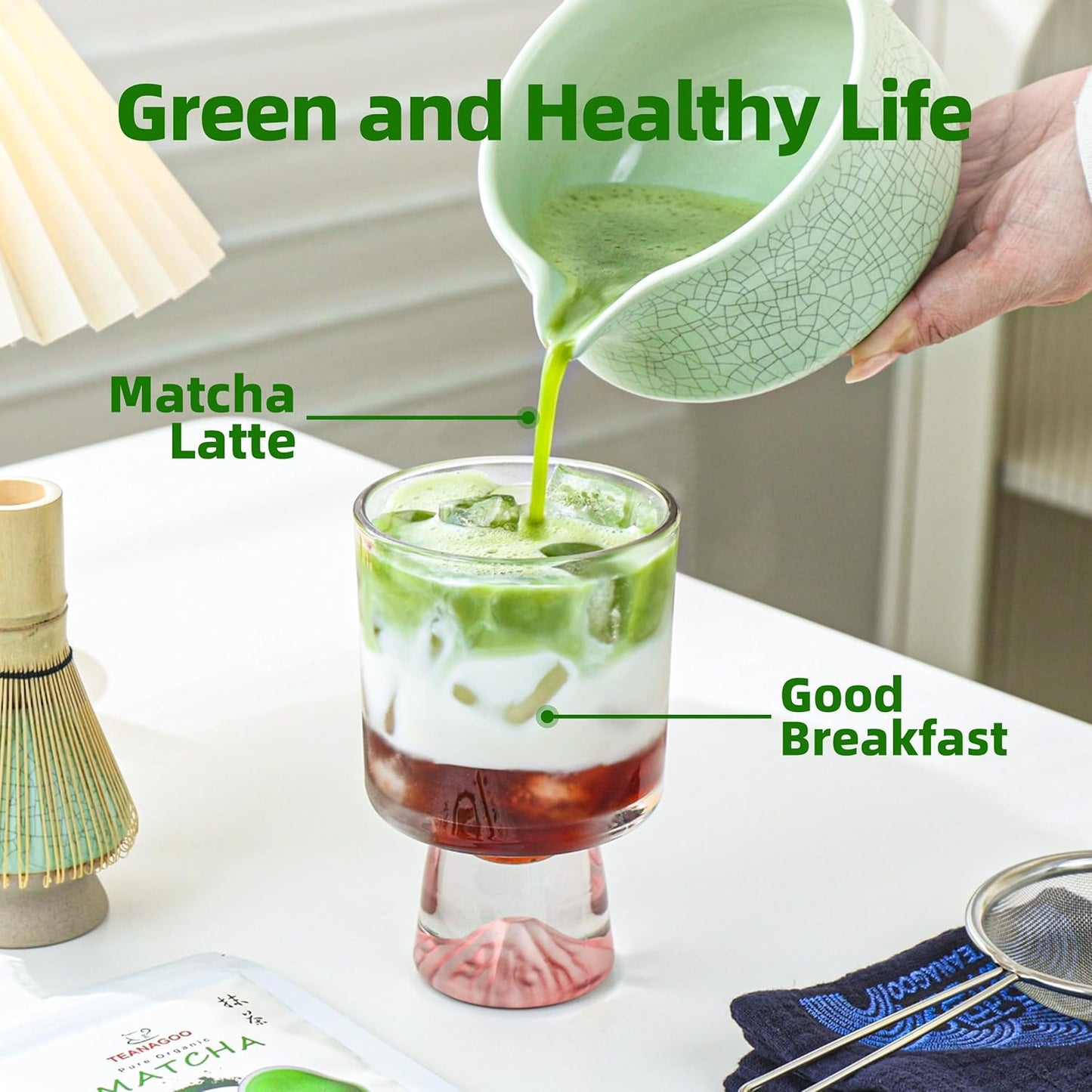 TEANAGOO Matcha Whisk Set Green,7 Pcs Matcha Set,Matcha Starter Kit for Ceremony,Matcha Tea Set for Making Breakfast/Latte,Green Matcha Bowl(Chawan) whith Spout and Whisk,Gift for Friend/Family