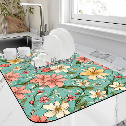 Dish Drying Mat Spring Flower Kitchen Mat 16"x24" Bsorbent Coffee Maker Mat for Dishes,Utensils Coffee Maker Pots and Pans Easy Clean Dish Slip Resistant Pad