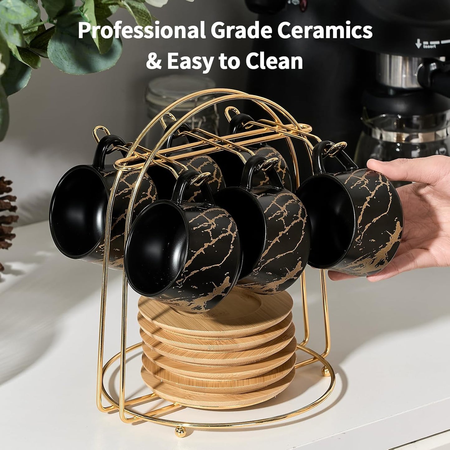 LUKA Ceramic Espresso Cups with Saucers and Metal Stand, Small 4 oz Porcelain Demitasse Cups Set of 6, Cute Cappuccino Coffee Cups for Double Espresso, Tea, Marbling Black