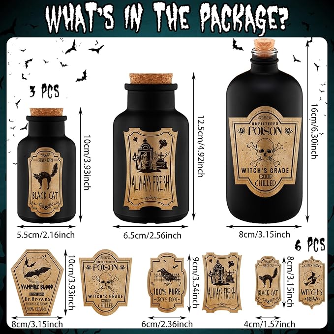 Umigy 3 Pcs Vintage Glass Potion Bottles with Cork Lid Black Halloween Tiered Tray Decoration 12 Apothecary Bottles Jars Stickers Labels Halloween Table Home Bathroom Decorations Indoor