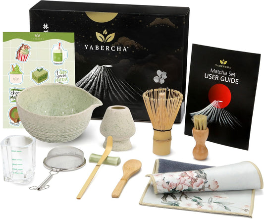 10 Pcs Matcha Whisk Set - 15 OZ Matcha Bowl with Spout and Whisk Holder & Measuring Cup - Bamboo Matcha Scoop and Spoon - Stainless Steel Sifter - Cleaning Brush - Matcha Kit for Japanese Tea Ceremony