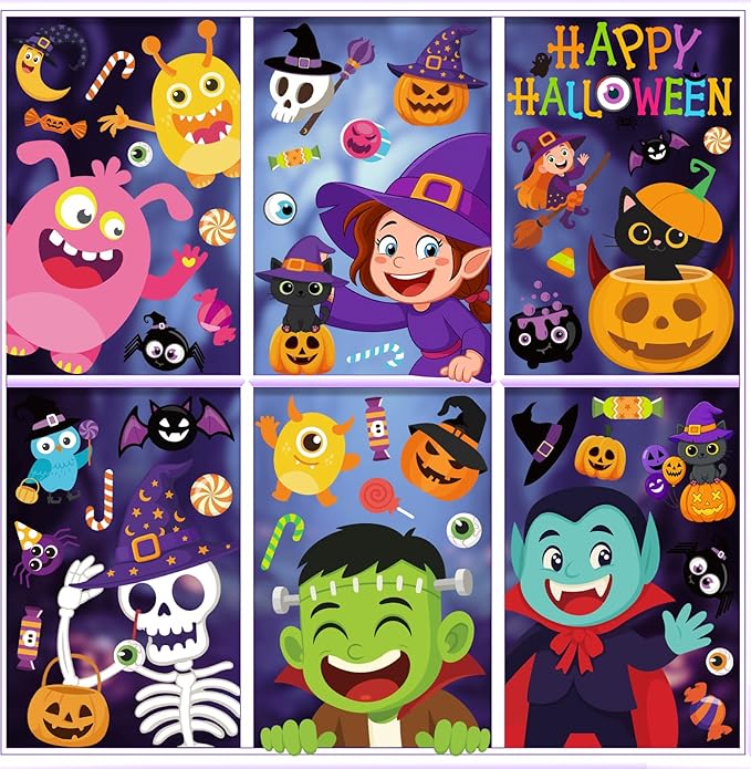 Halloween Window Clings - 9 Sheets 82 Pcs Cute Happy Halloween Window Decorations Indoor for Home Eyes Party Ghost Cat Bat Witch Stickers for Glass Double-Sided Removable Static Glass Decals