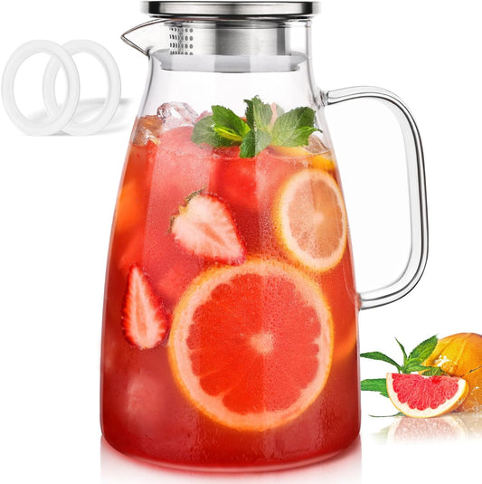 Glass Pitcher with Lid, 2 Liter 68oz Water Pitcher with Handle and Spout for Fridge, Borosilicate Glass for Iced Tea, Juice, Sangria, Cold/Hot Beverage, Large Jug with 2 Silicone Rings