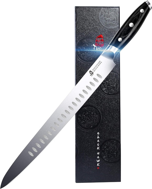 TUO Carving Knife - 12 Inch Brisket Carving Knife for Meat and Turkey - High Carbon German Steel - Pakkawood Handle with Gift Box - BLACK HAWK SERIES