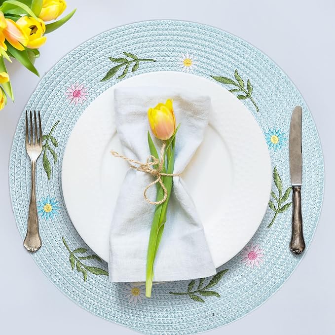 Whaline 4Pcs Round Daisy Placemats Spring Flower Embroidered Place Mats Greenery Floral Dinner Table Mats for Home Holiday Wedding Bridal Baby Shower Birthday Party Decor