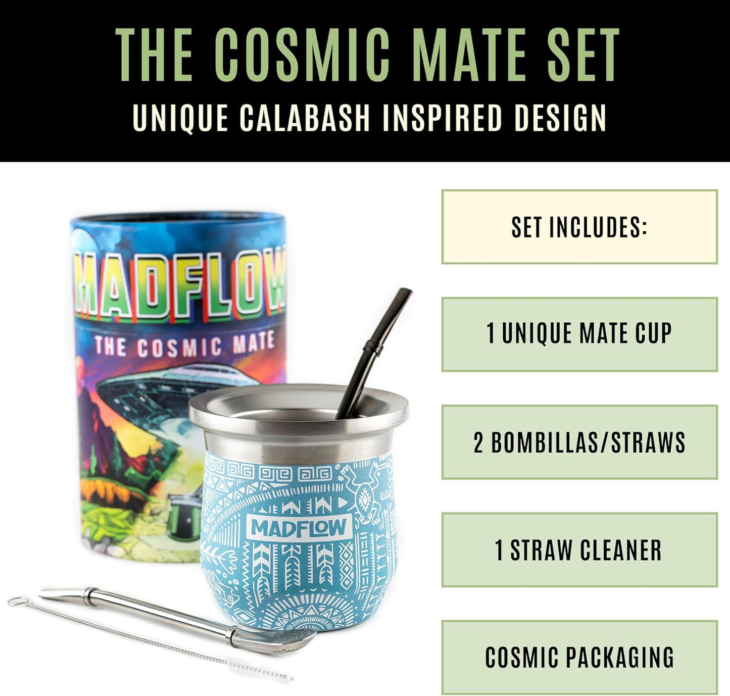 MADFLOW Yerba Mate Cup. Stainless Steel Mate Cup with 2 Bombillas. Double Wall Vacuum Insulated Yerba Mate Gourd. Unique Mate Cup And Bombilla Set