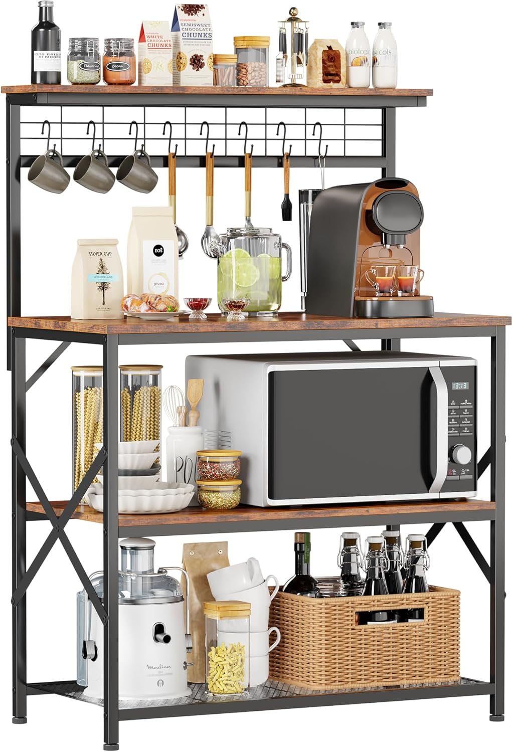 Furologee Kitchen Bakers Rack with Hutch,Coffee Stand with Storage 4 Tiers,Coffee Bar Station with a 31.5 Inch Larger Desktop and 8 S Hooks,Kitchen Microwave Rack for Spices,Pots,Rustic Brown