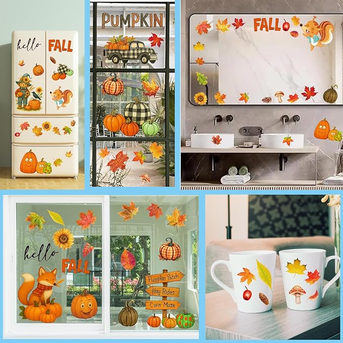DC-BEAUTIFUL 153 Pcs Fall Window Clings, 12 Sheets Double Sided Autumn Pumpkin Scarecrow Maple Leaf Glass Stickers, Reusable Static Thanksgiving Window Decals Party Decors for Home Office School Shop