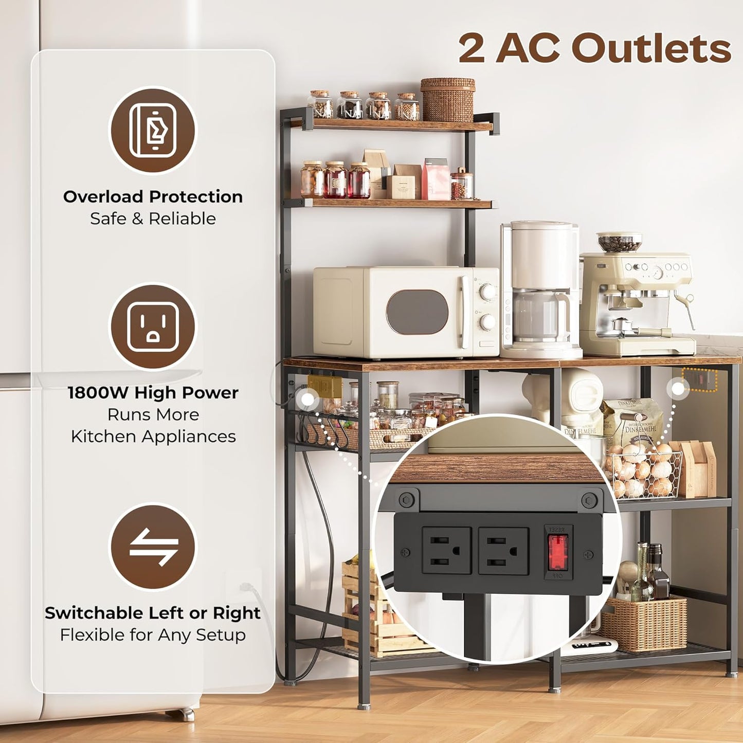 Huuger 39.4 Inch Bakers Rack with Power Outlets, Kitchen Microwave Stand with Storage, Coffee Bar with 4 Hooks, 3-Level Height Open Shelves, Rustic Brown