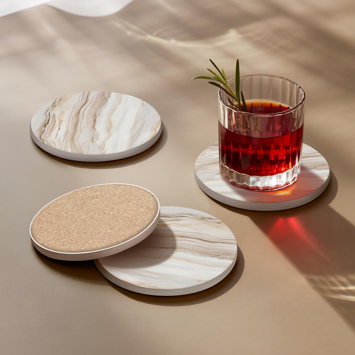 VEYRO Coasters Set of 4 for Drinks – Absorbent Ceramic Stone Drink Coasters with Cork Backing for Coffee Table & Desk, Modern Marble Look Cup Coaster Set, Housewarming Gift for New Home