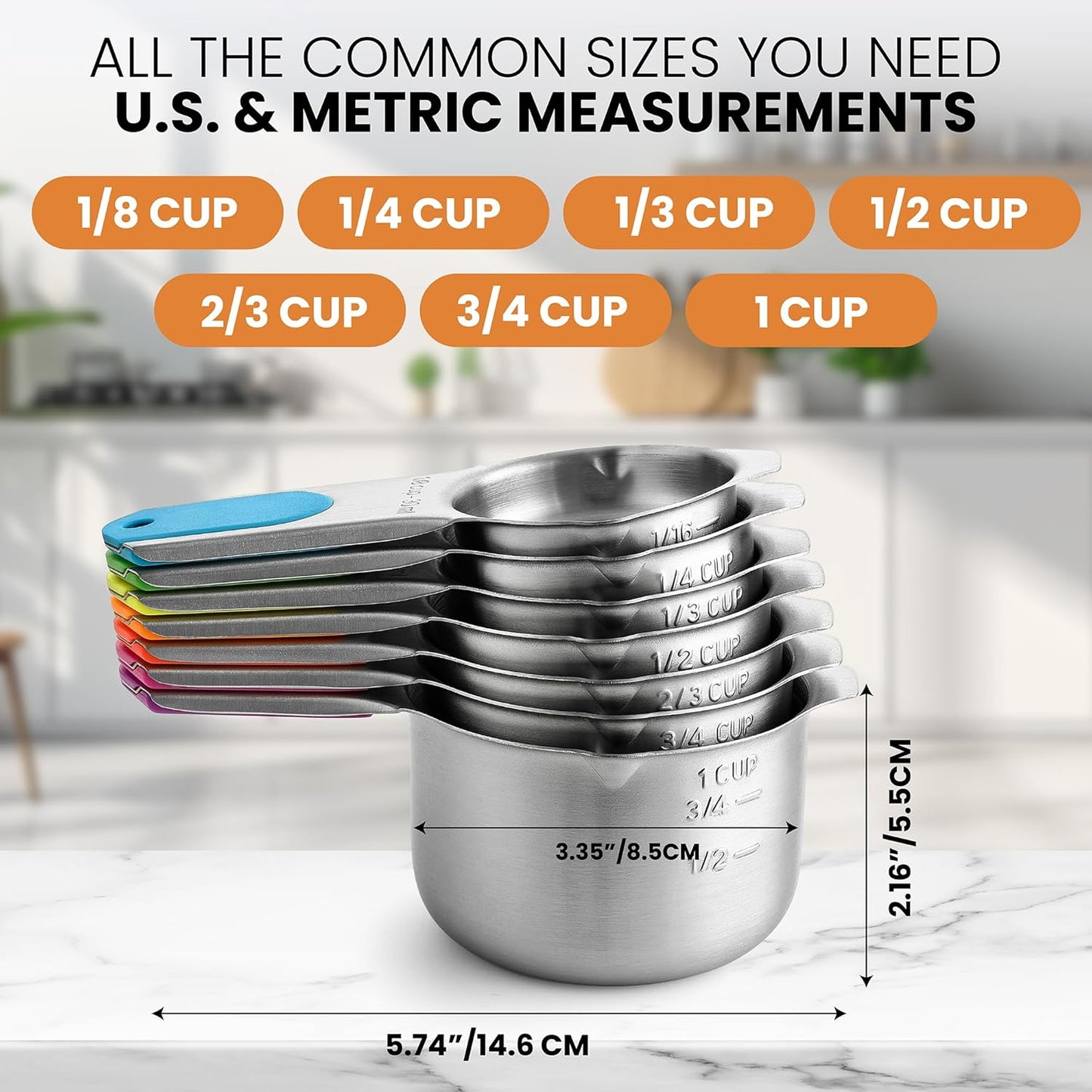 Spring Chef Magnetic Stainless Steel Measuring Cups (Patent Pending), Kitchen Tools with Easy to Read Markings for Measuring Dry or Liquid Ingredients, Set of 7, Neon