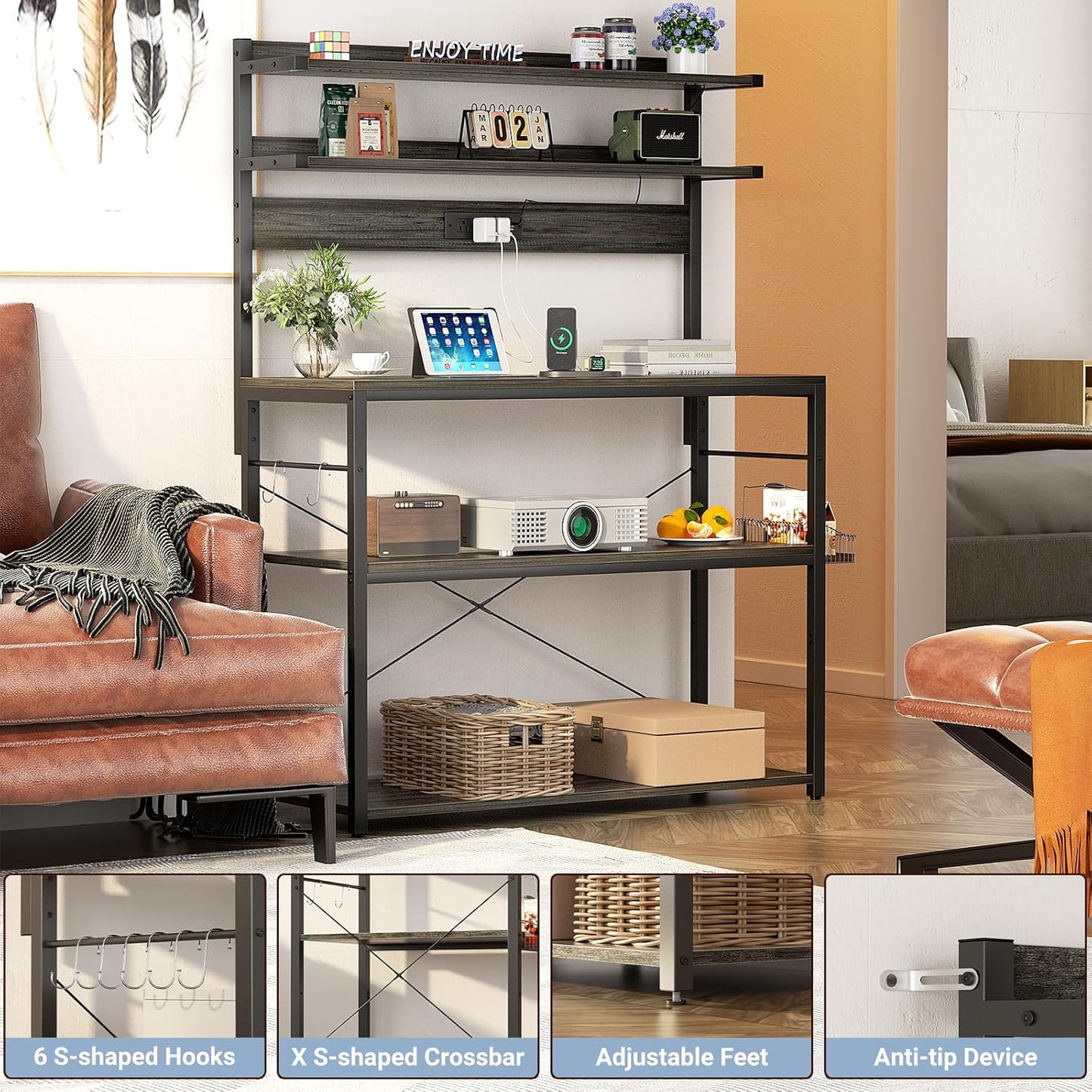 Aheaplus Bakers Rack with Power Outlet, Microwave Stand, 5 Tiers Coffee Bar Station with Led Lights, Kitchen Storage Shelf with 6 S-Shaped Hooks, Kitchen Rack Coffee Bar Stand, Grey Oak