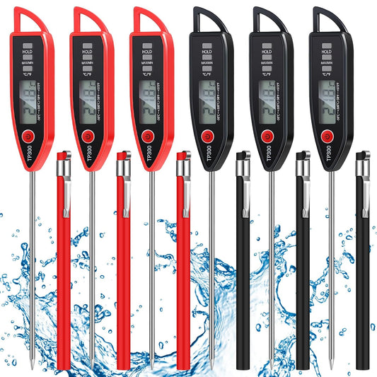 6 Set Waterproof Food Thermometer for Water, Liquid, Candle and Cooking Digital Meat Thermometer with Long Probe Instant Read for Kitchen BBQ Grill Candy (Black,Red)