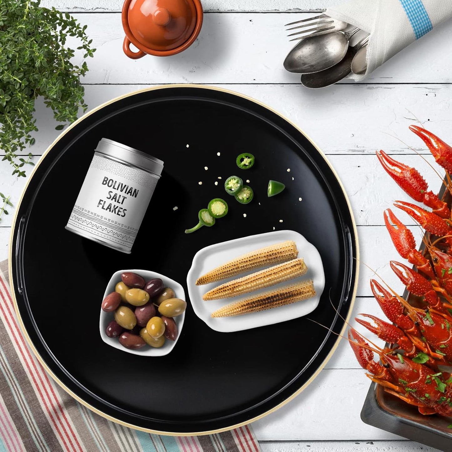 Black Round Decorative Tray with Handles, 13" Versatile Serving Tray for Coffee Table, Ottoman, Ideal for Serving, Displaying, Organizing