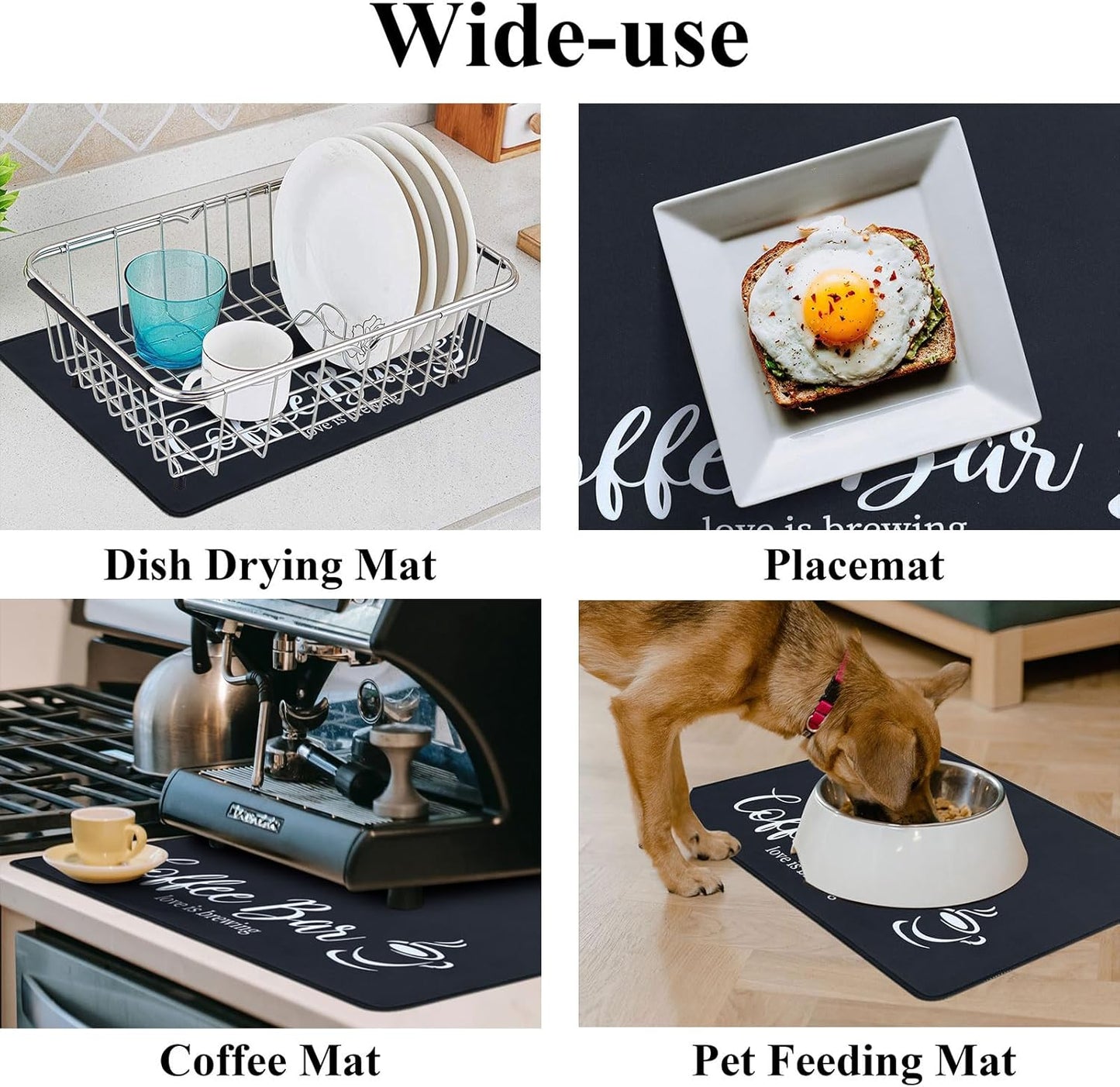 SHACOS Coffee Mat 2-Pack 12x19 Inch Absorbent Non Slip Rubber Bar Accessories Coffee Maker Mat for Countertop Dish Drying Mat Heat Resistant, Black