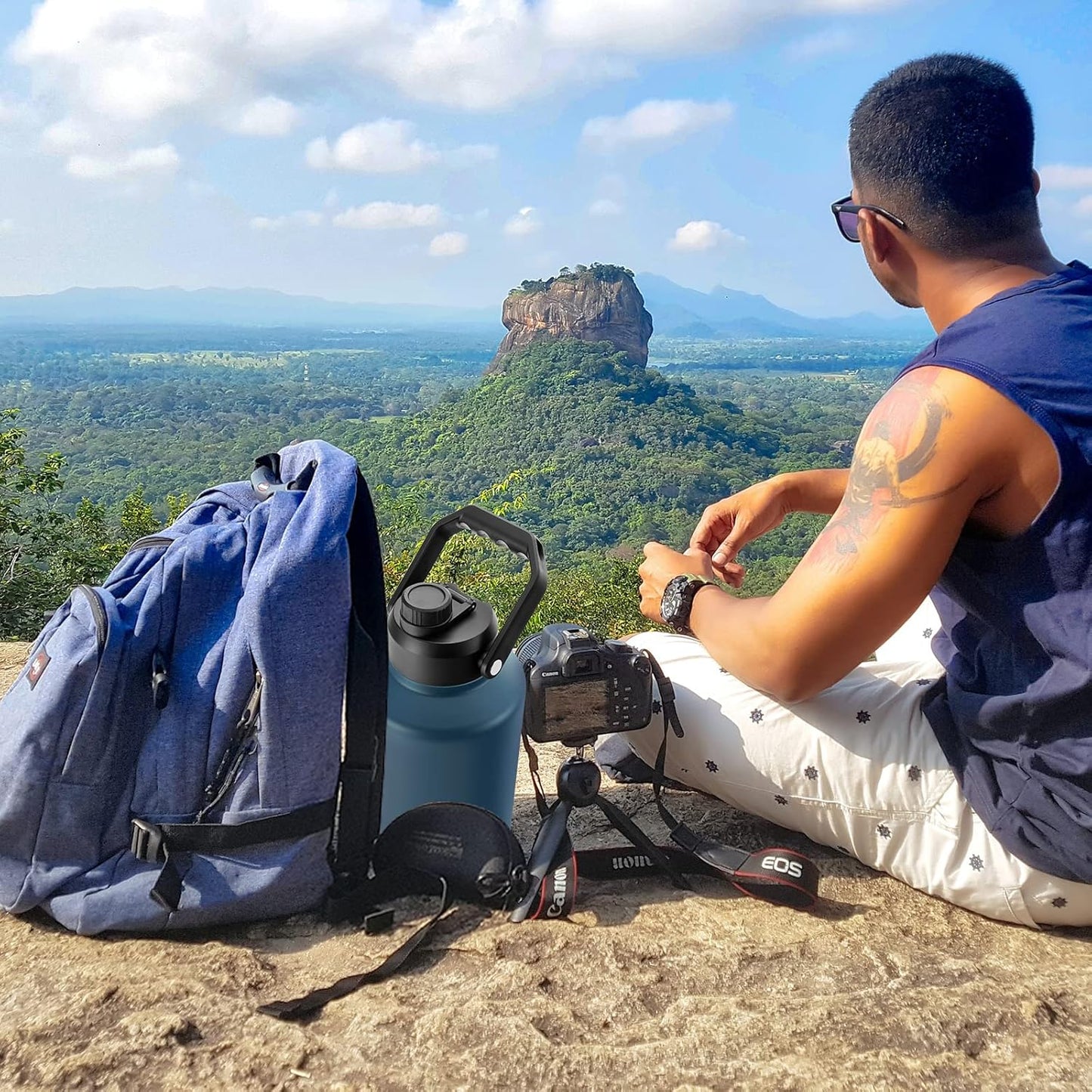 BJPKPK One Gallon(128 oz) Insulated Water Bottle, Dishwasher Safe Stainless Steel Thermos, BPA Free Jug with Ergonomic Handle & Anti-slip Bottom, Large Water Bottle, Navy Blue