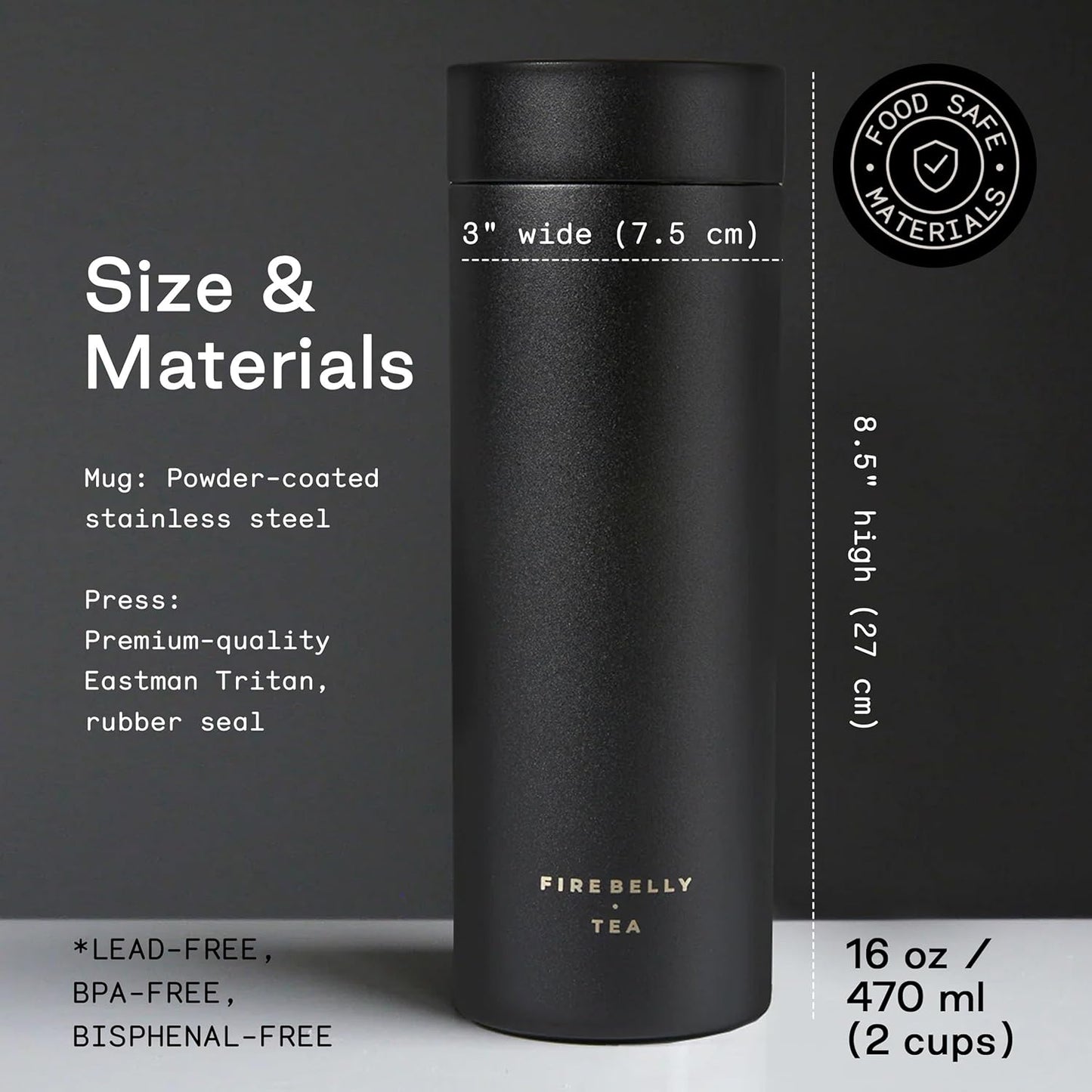 Firebelly Tea, Travel Tea Infuser Mug with Strainer, Insulated Tumbler for Loose Leaf Tea or Coffee, Leakproof Bottle for Hot or Iced Drinks, Stainless Steel Thermos with Lid, Noir