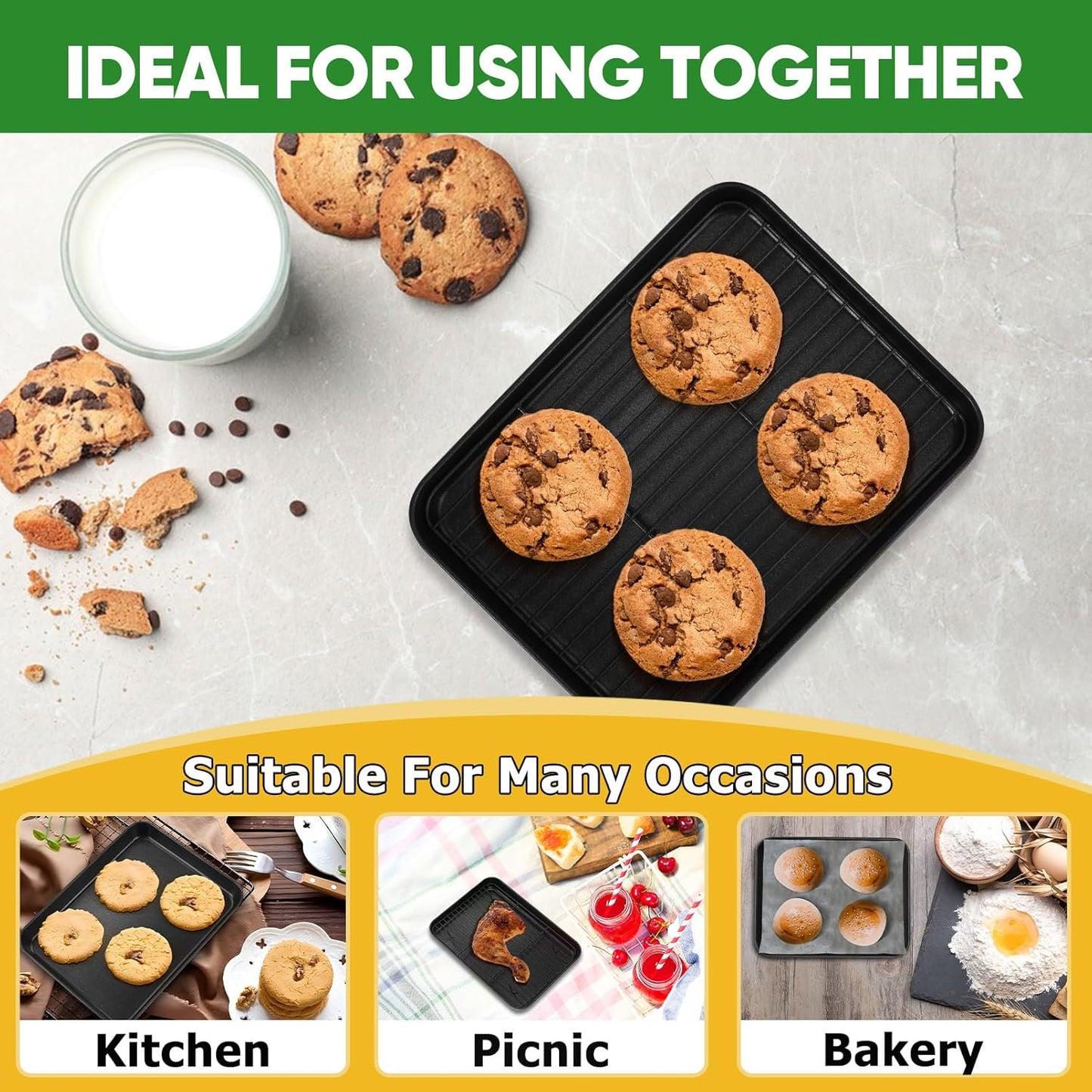 P&P CHEF Baking Oven Sheet Pan with Rack for Cookie, Nonstick Oven Tray and Cooling Rack for Baking & Roasting, Easy Clean, Black, 9.3 x 7 Inch