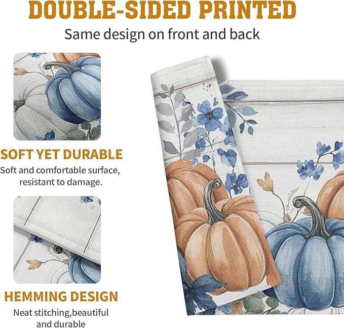 Autumn Placemats Blue Pumpkin Fall Place Mat Eucalyptus Leaves Floral Wood Grain Table Mats Thanksgiving Harvest Linen Placemat Party Kitchen Dining Decoration 12x18 Inch Set of 4