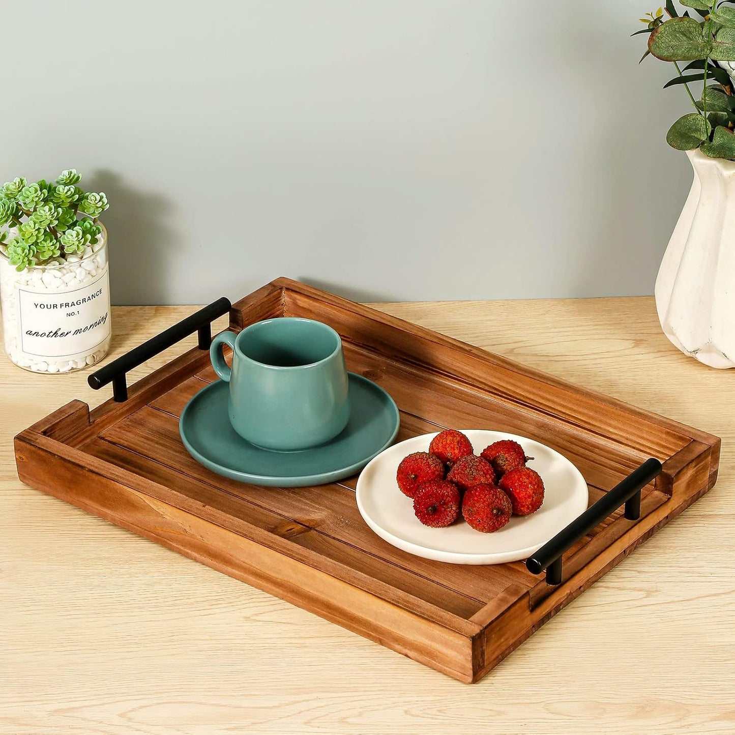Coffee Table Tray Decorative Nested Vintage Wood Serving Tray Set for Eating, Breakfast, Party, Kitchen, Ottoman,Tea Coffee Table Large Ottoman Trays (Wood, 2pc)