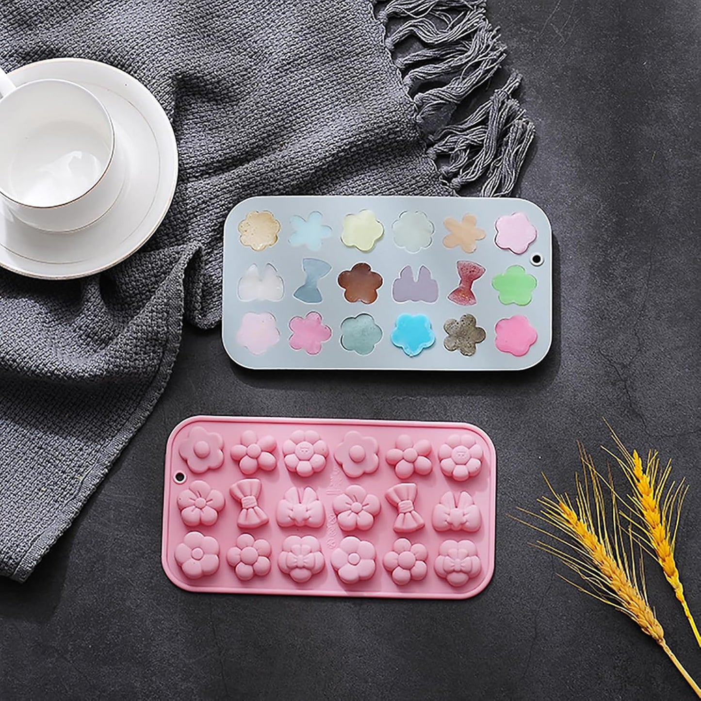 2 Pcs Flowers Silicone Chocolate Molds, 18-Cavity Different Flowers Bow Shape Molds Trays for Candy Chocolate Gummies Baking Jello Ice Cube Pudding Soap Cookie Desserts Making