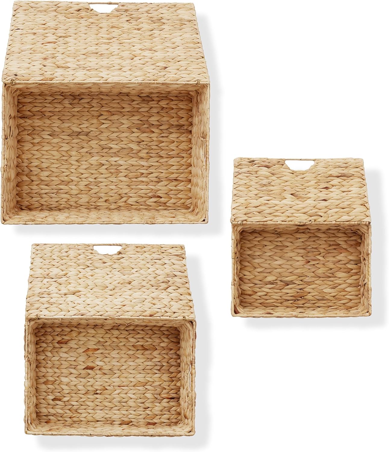 Casafield Set of 3 Water Hyacinth Rectangular Storage Baskets with Lids (Natural - Small/Medium/Large) for Bedroom, Bathroom, Laundry, Home Office