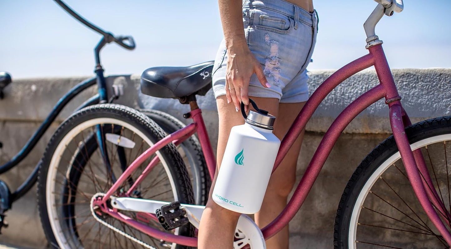 HYDRO CELL Stainless Steel Insulated Water Bottle with Straw - For Cold & Hot Drinks - Metal Vacuum Flask with Screw Cap and Modern Leakproof Sport Thermos for Adults (White 64oz)