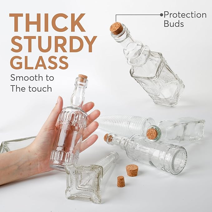Small Vintage Glass Bottles with Corks, Mini Vases, Decorative Glass Bottle, Potion Bottles, Assorted Design - Set of 14 assorted design 5oz 6.5-7 inch tall 1.8-2.inch wide.