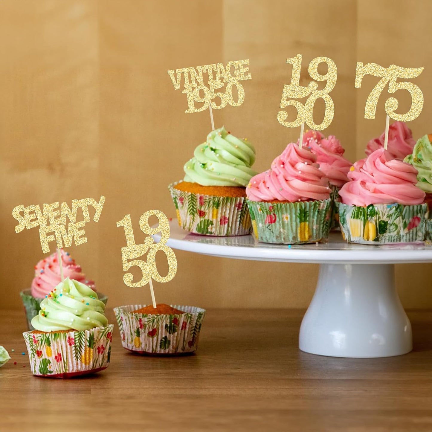 Gyufise 24Pcs 75th Birthday Cupcake Toppers Glitter Cheers to 75 Fabulous Seventy Five Vintage 1950 Cupcake Picks 75th Birthday Wedding Anniversary Party Cake Decorations Supplies Gold