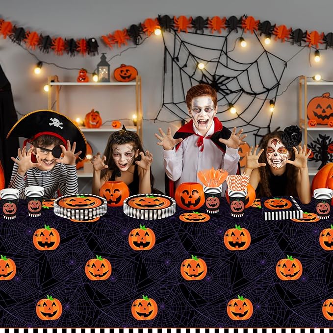 Halloween Plates and Napkins Party Supplies, Pumpkin Halloween Party Decorations Tableware, Pumpkin Paper Plate, Cup, Napkin, Tablecloth, Disposable Cutlery, Serves 24