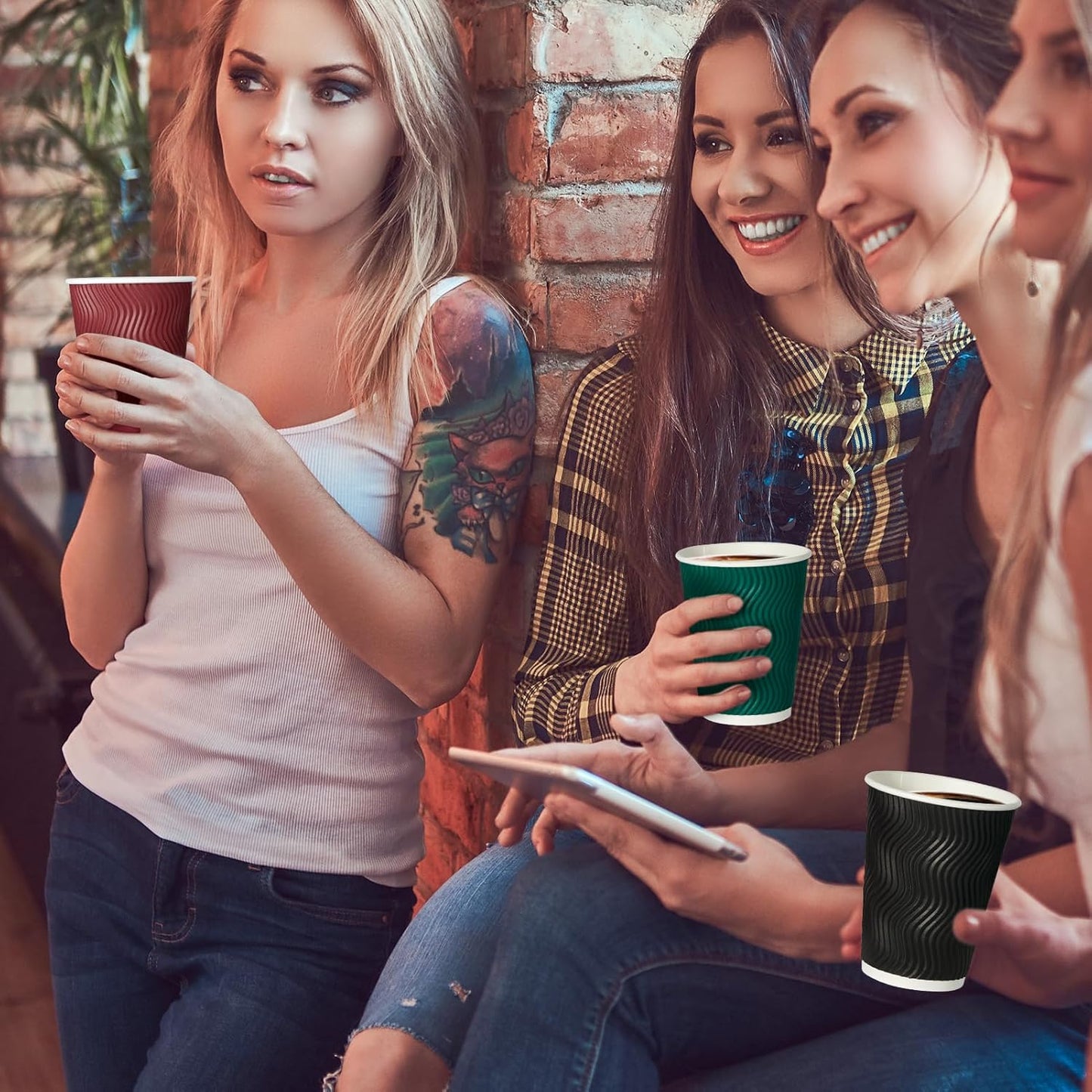 MUCHII 12 oz Paper Coffee Cups, 120 Count Multicolor Disposable Insulated Ripple Paper Cups for Tea Hot Chocolate