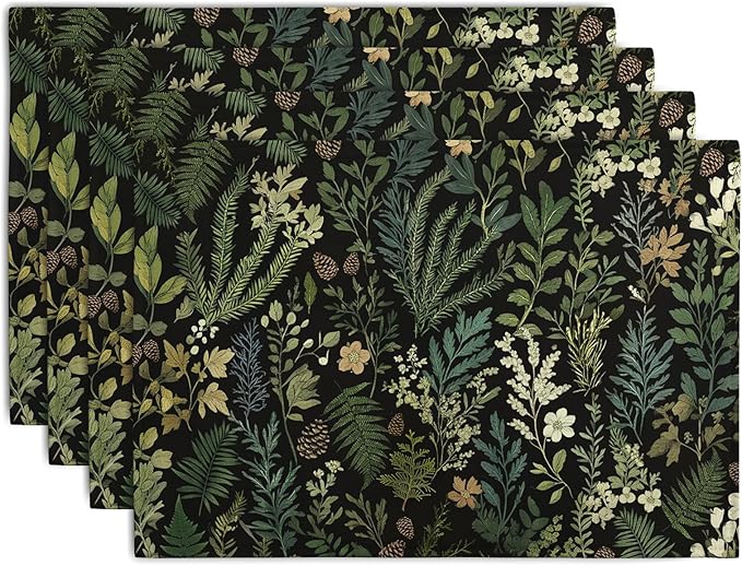 Black Sage Green Plant Placemats Set of 4 Vintage Botanic Fern Leaves Herb Floral Place Mats Rustic Farmhouse Linen Fabric Table Mats for Party Kitchen Dining Outdoor Indoor Decor