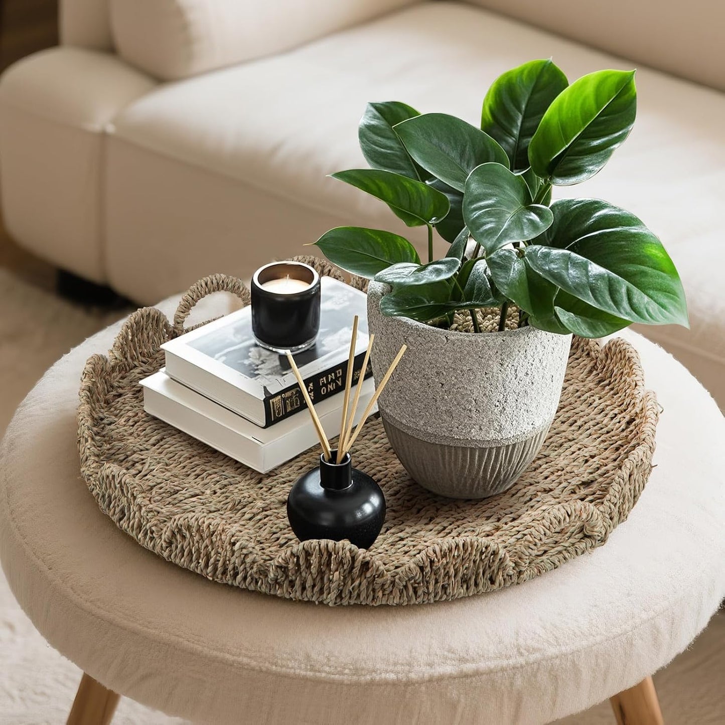 Round Ottoman Tray Large Wicker Serving Tray with Handles for Coffee Table, 20 Inch Handwoven Natural Seagrass Tray Scalloped Edges