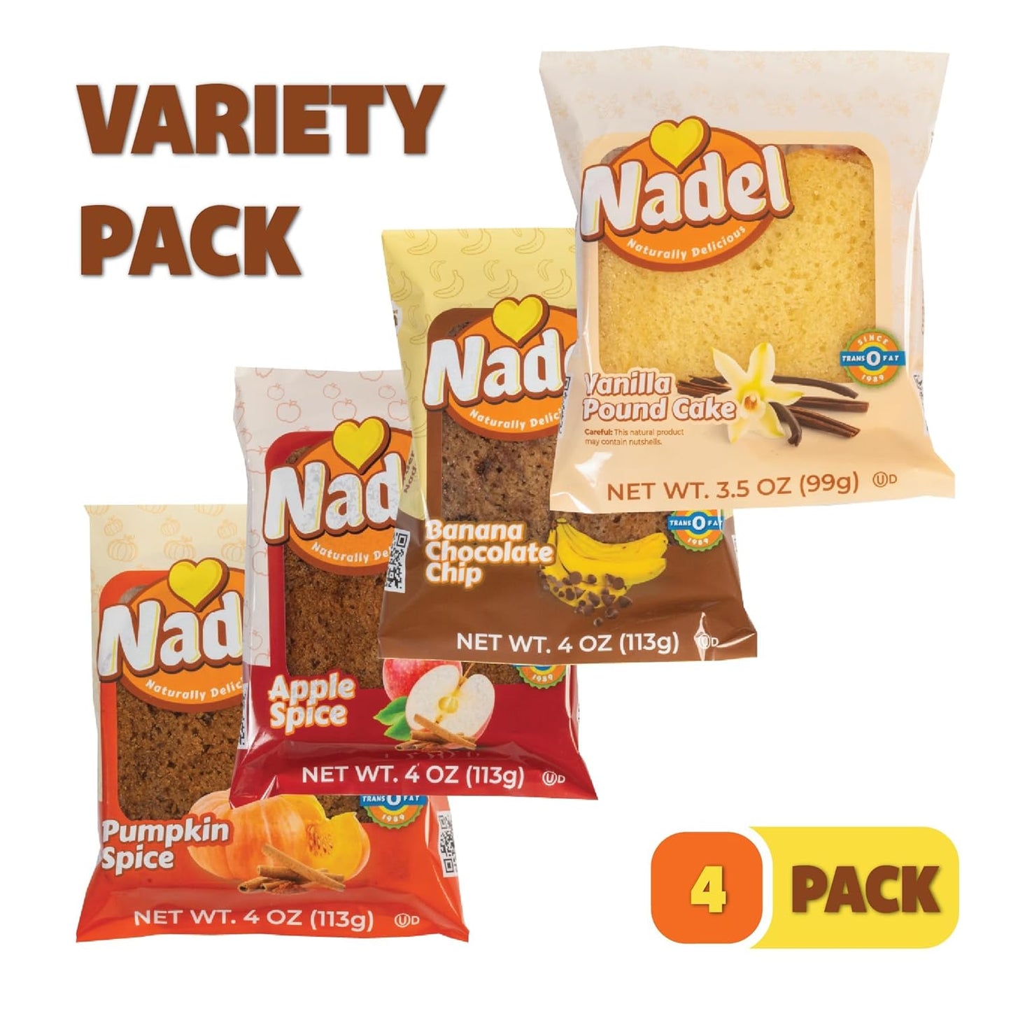 Nadel - Naturally Delicious Sweet Breads Variety Pack (Banana Chocolate Chip, Vanilla Pound Cake, Apple Spice, Pumpkin Spice). (4 Pack, 1 Bread Per Flavor)