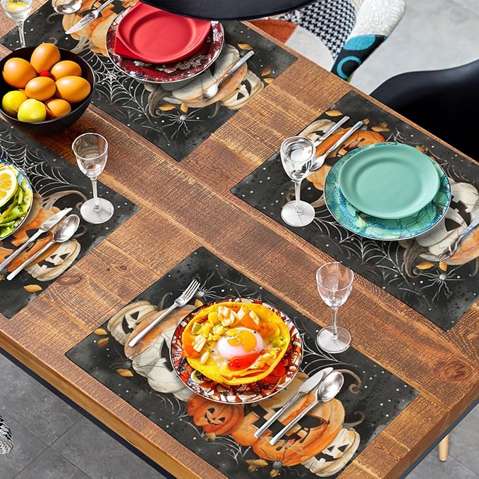 Halloween Pumpkins Spider Web Placemats Set of 4 Black Gray Scary Pumpkin Fall Linen Table Place Mat 12x18 Inch Seasonal Heat Resistant Table Mats for Party Kitchen Dining Decoration