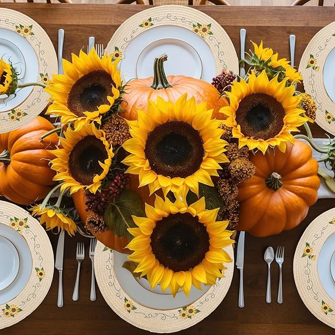 Whaline 4Pcs Round Sunflower Placemats Spring Summer Flower Embroidered Place Mats Floral Dinner Table Mats for Home Holiday Birthday Baby Shower Party Decor