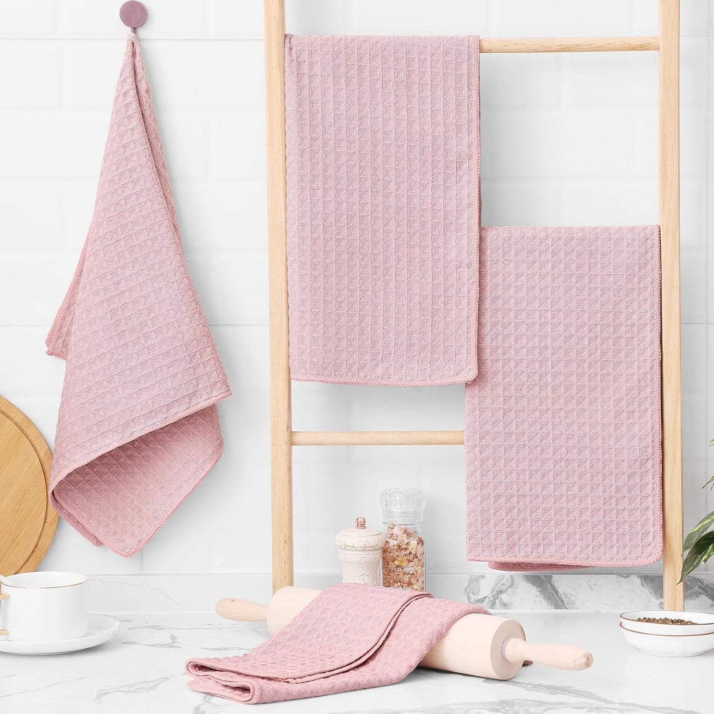 Homaxy Microfiber Waffle Weave Kitchen Towels, 16 x 28 Inch Ultra Absorbent and Solid Color Dish Towels, 6 Pack, Pink