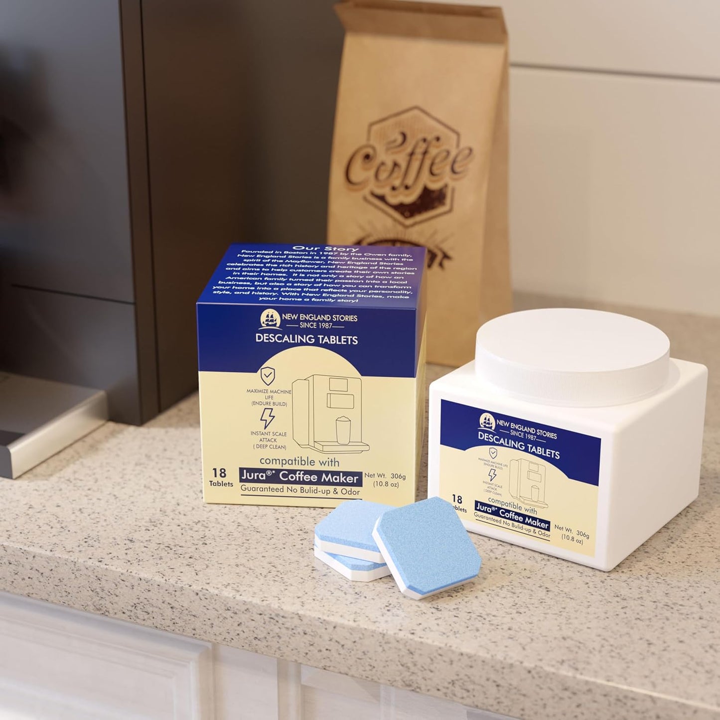 New England Stories Jura Compatible Descaling Tablets 18-Pack - Remove Limescale & Calcium, Improve Coffee Taste for Coffee Machines