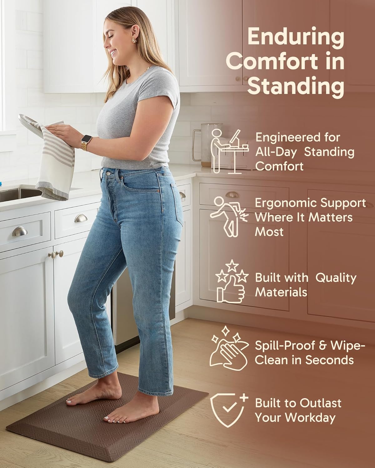 Ophanie Kitchen Mats for Floor, 3/4 Inch Thick Kitchen Rugs, 20x32 Anti Fatigue Standing Cushioned Mat, Waterproof,Comfort Ergonomic Mat for Office, Home, Sink, Brown Non-Slip Bottom