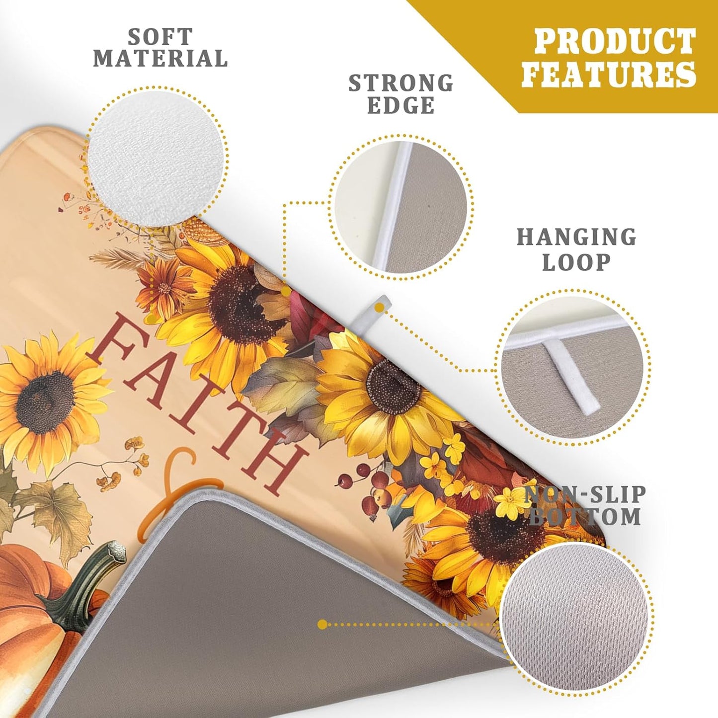 Fall Pumpkin Sunflower Dish Drying Mat 18”x24” Faith Family Fall Drying Mat for Kitchen Counter Absorbent Autumn Orange Pumpkins Thanksgiving Dishes Pad Drainer Mat Protector for Kitchen Fast Dry