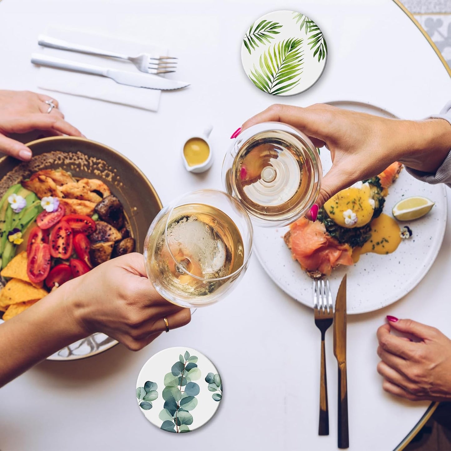 6 Pcs Coasters for Drinks with Holder, Green Leaves Absorbent Ceramic Coasters with Cork Base,Cute Funny Table Drinks Coasters Tabletop Protection Mat,Table Home Decor,4 Inches