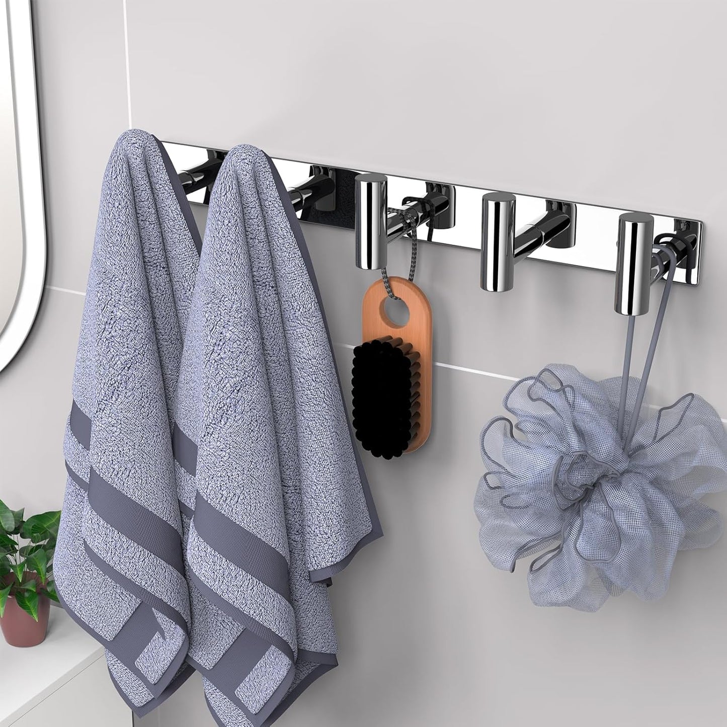 VAEHOLD Hat and Coat Wall Mount Rack - Hooks for Robes, Bags, Keys, and Towels - Bathroom Towel Hanger Organizer (Polished Chrome, “T“ Shape 5 Hooks 2 Pack)