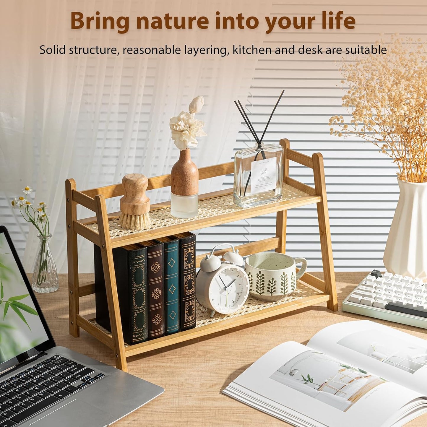 2 Pcs 17.7 Inch 2 Tier Matcha Station Shelf Bamboo Coffee Mug Stand Countertop Storage Rack, Double Layer Rattan Office Cup, Kitchen, Tea, Plant, Bar Accessories Condiment Display (Wood)