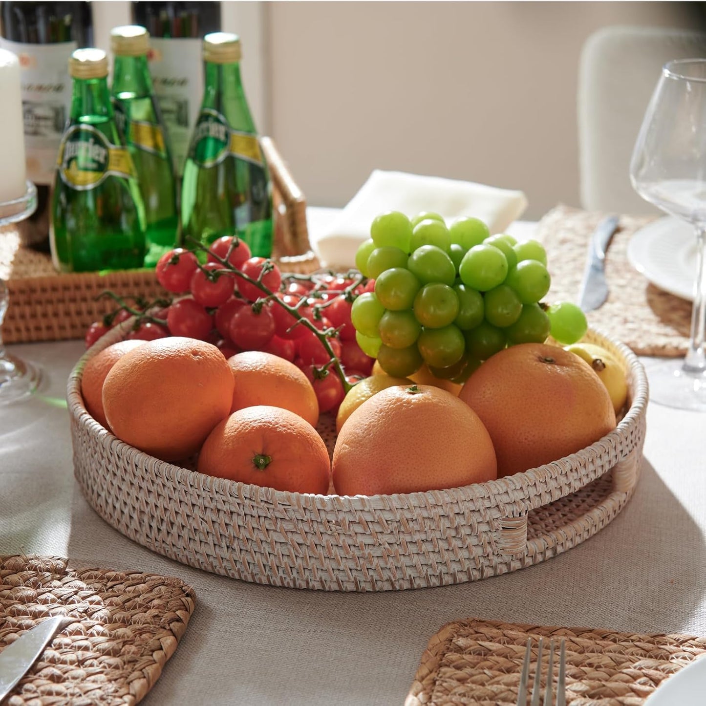 11.8 inch Round Rattan Tray, Decorative Coffee Table Trays, Ottoman Tray, Woven Serving Tray with Handles, Wicker Serving Basket, Whitewash