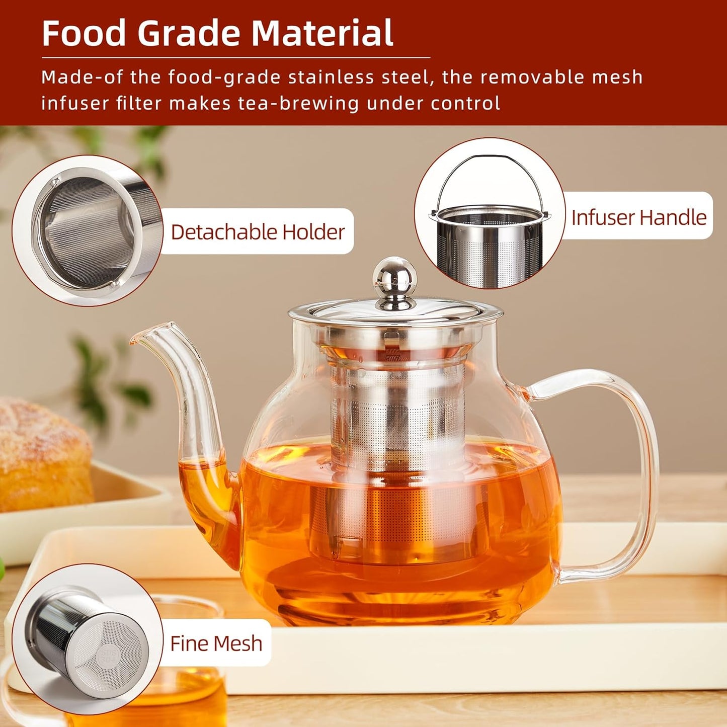 1100ml Glass Teapot with Removable Infuser,37oz Borosilicate Clear Tea Kettle,Stovetop Microwave Safe,Blooming and Loose Leaf Tea Maker Gift