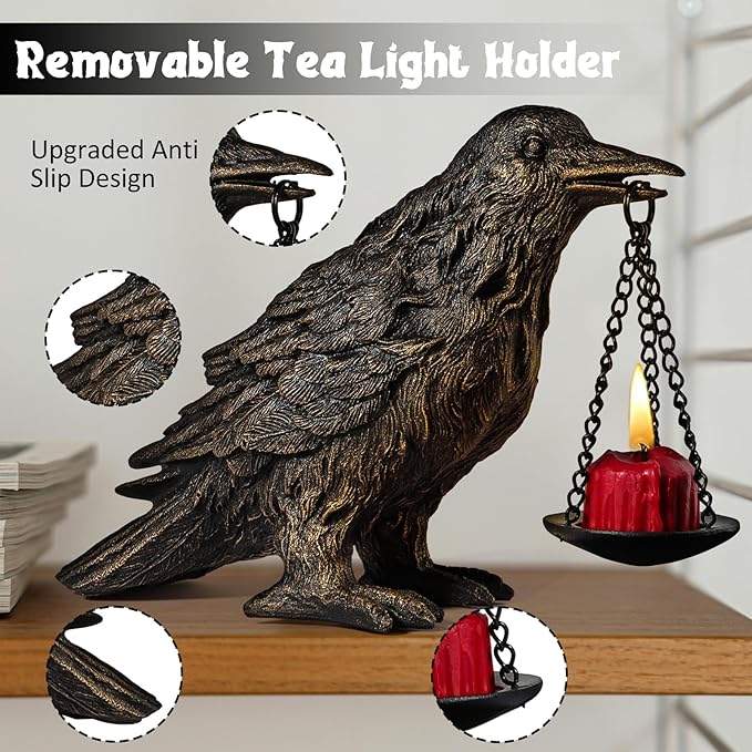 Gothic Home Decor Fake Crow Light Holder Raven Lamp Tealight Candle Holder Resin Statue Half Gold