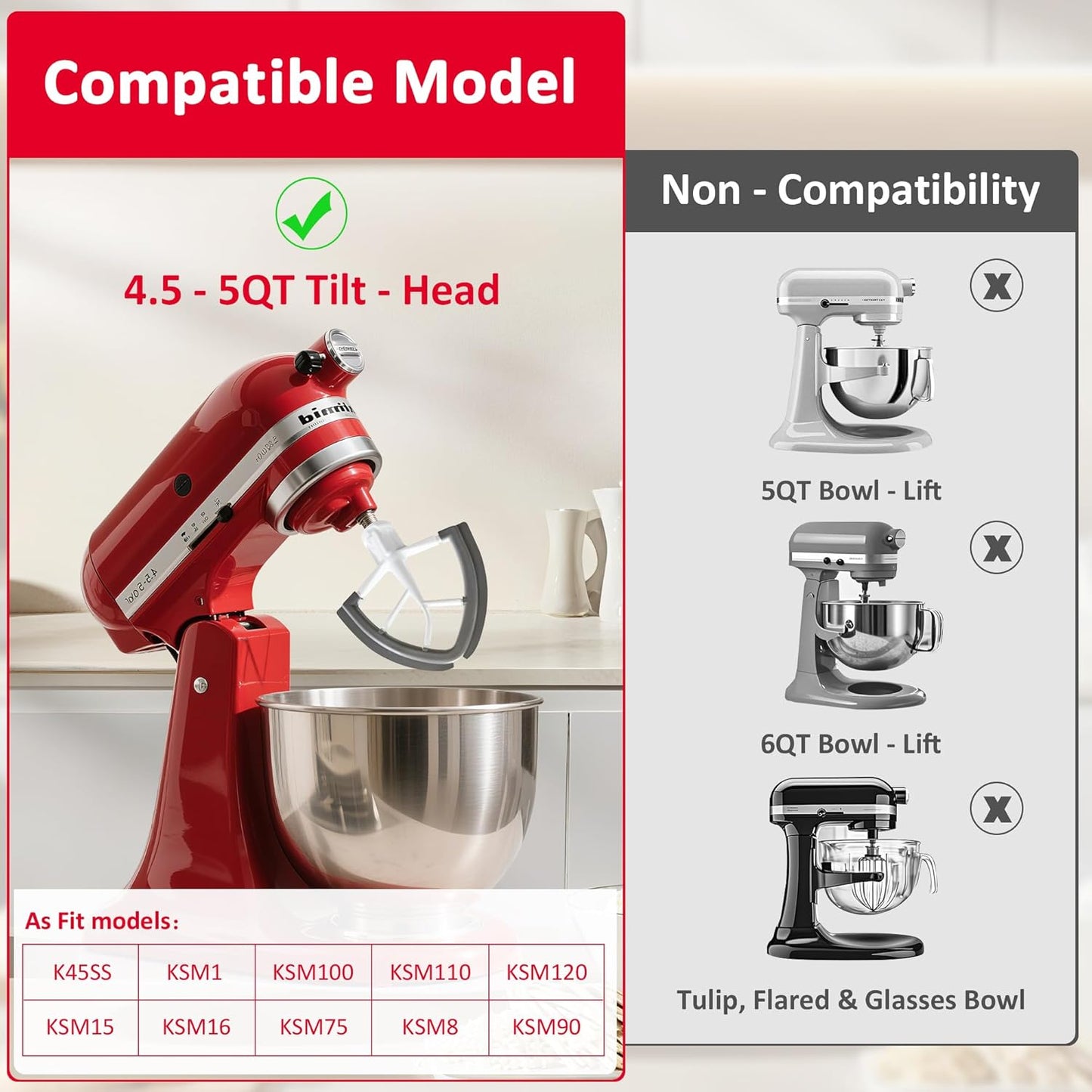 Flex Edge Beater for KitchenAid 4.5/5 Qt Tilt-Head Stand Mixer – Auto-Scrape Silicone Paddle, Dishwasher Safe, Flexible Silicone Edges Bowl Scraper For Kitchen Aid Accessories and Attachments (Grey)